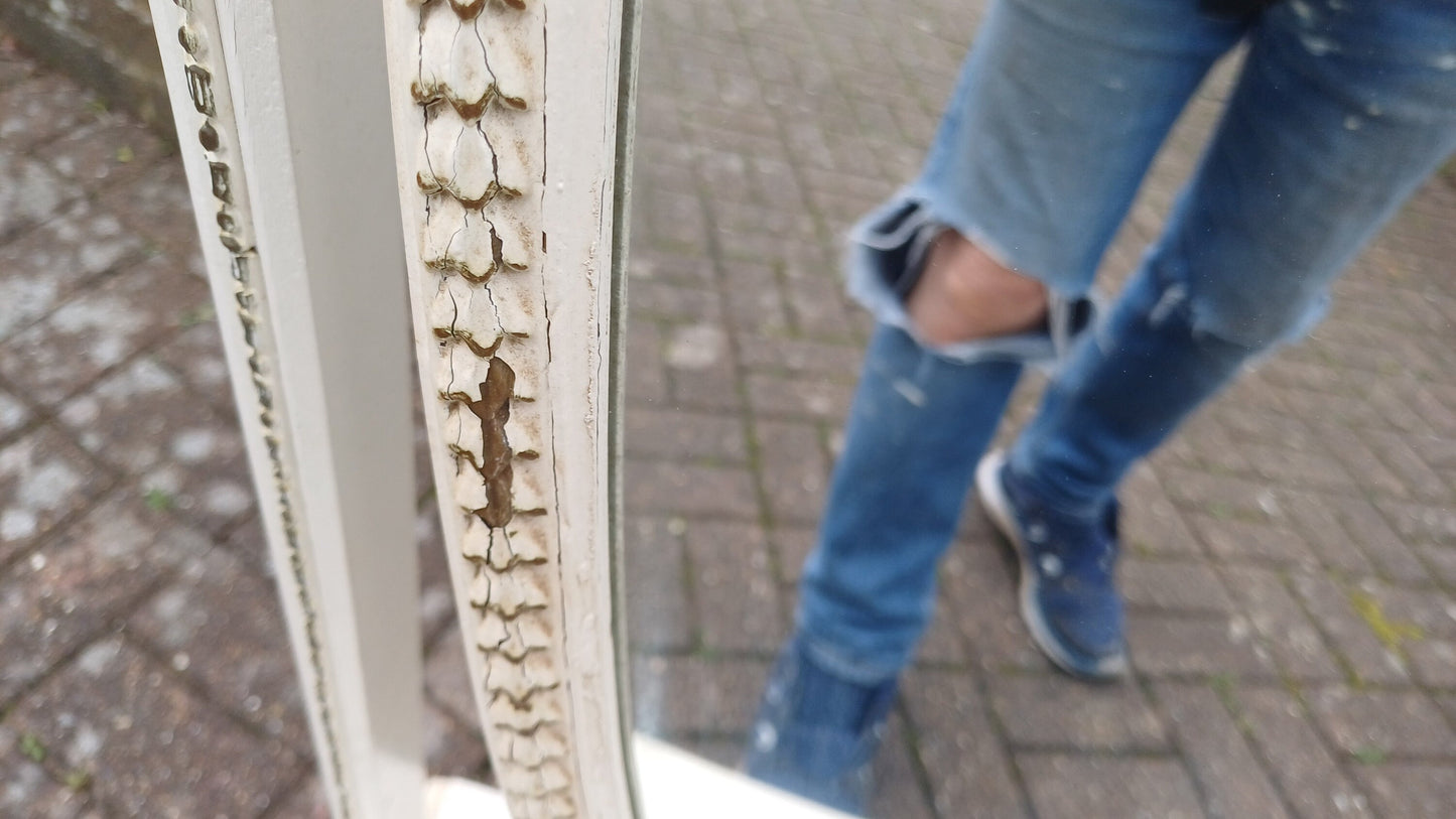 Huge Vintage Retro 70s Painted Cheval Mirror with Drawer Gold Highlights Nearly 6 ft.