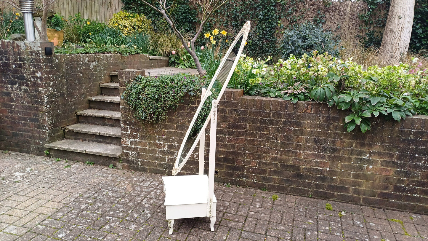 Huge Vintage Retro 70s Painted Cheval Mirror with Drawer Gold Highlights Nearly 6 ft.