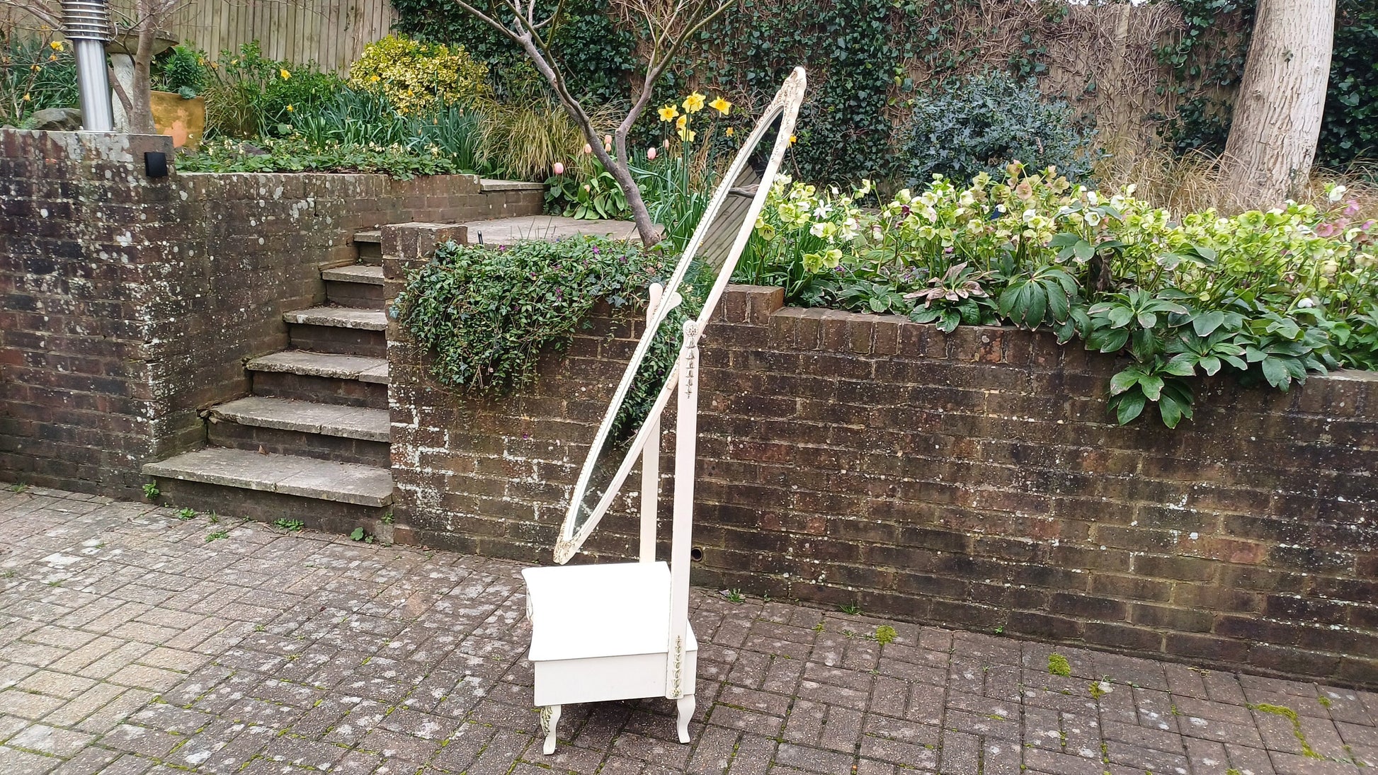 Huge Vintage Retro 70s Painted Cheval Mirror with Drawer Gold Highlights Nearly 6 ft.