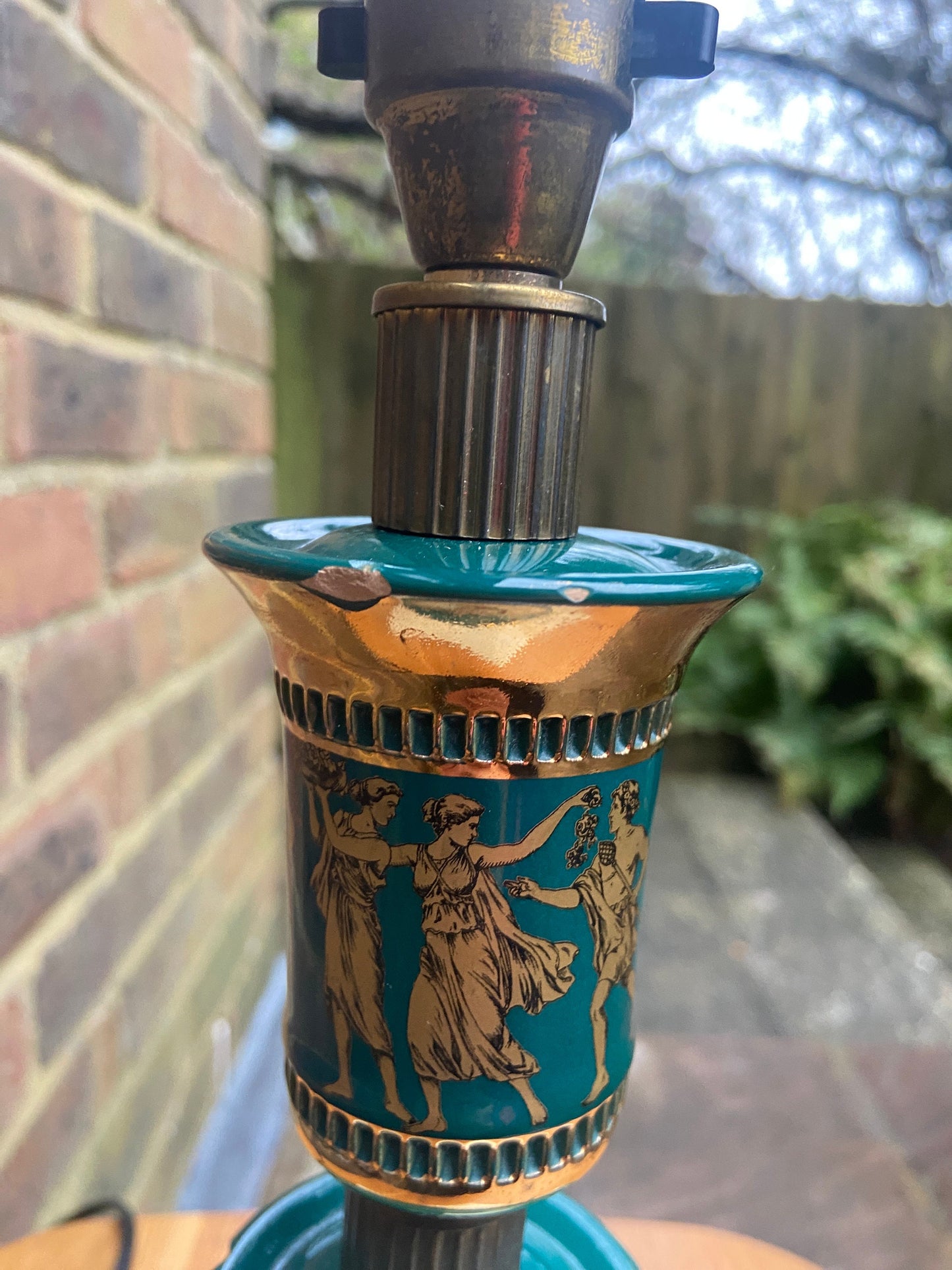 Vintage "Made in Italy" Green and Gold Ceramic Lamp, with gods and goddesses, on a Marble Base - working order
