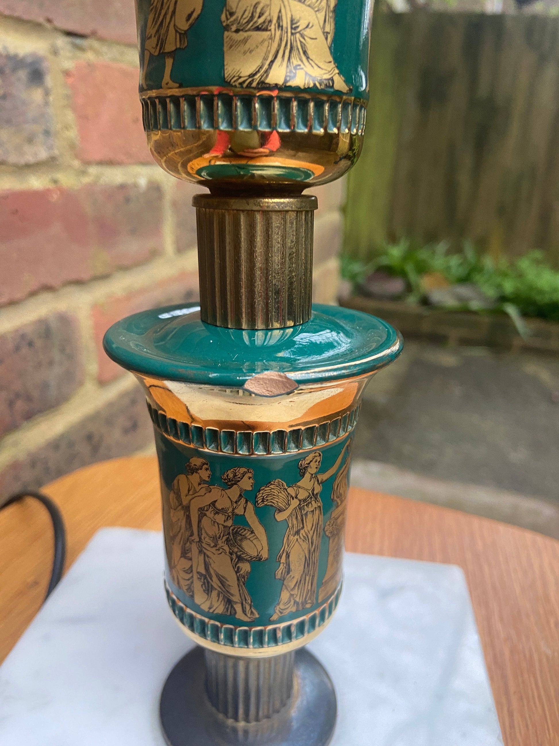 Vintage "Made in Italy" Green and Gold Ceramic Lamp, with gods and goddesses, on a Marble Base - working order