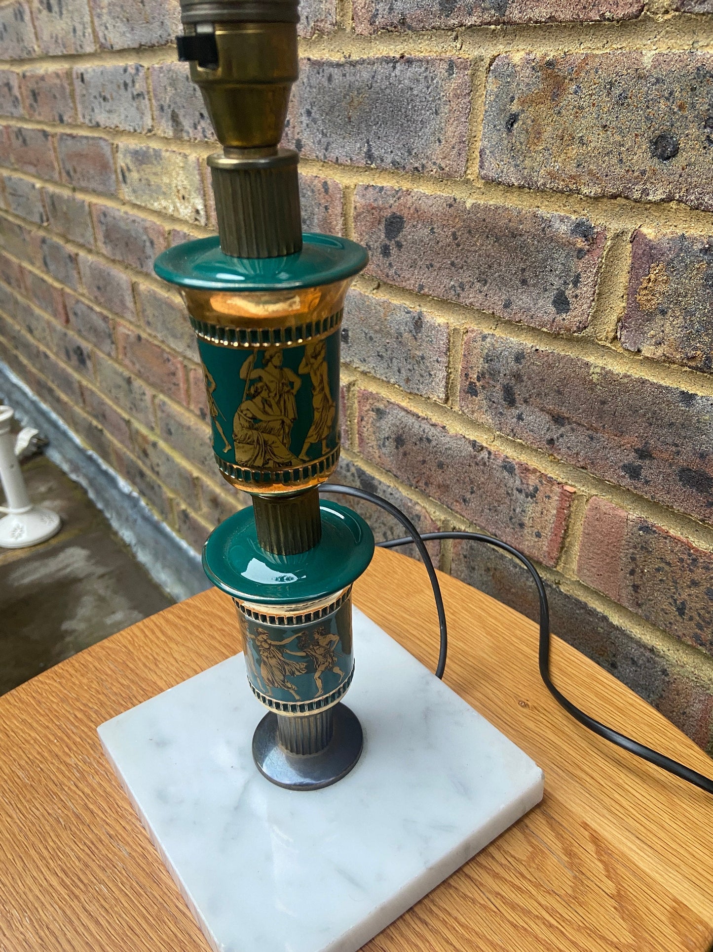 Vintage "Made in Italy" Green and Gold Ceramic Lamp, with gods and goddesses, on a Marble Base - working order