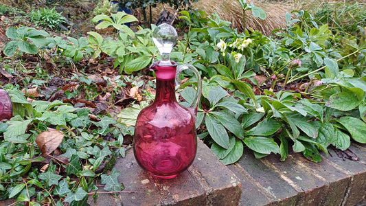 Vintage Cranberry Decanter - handblown pontil - clear handle and stopper -