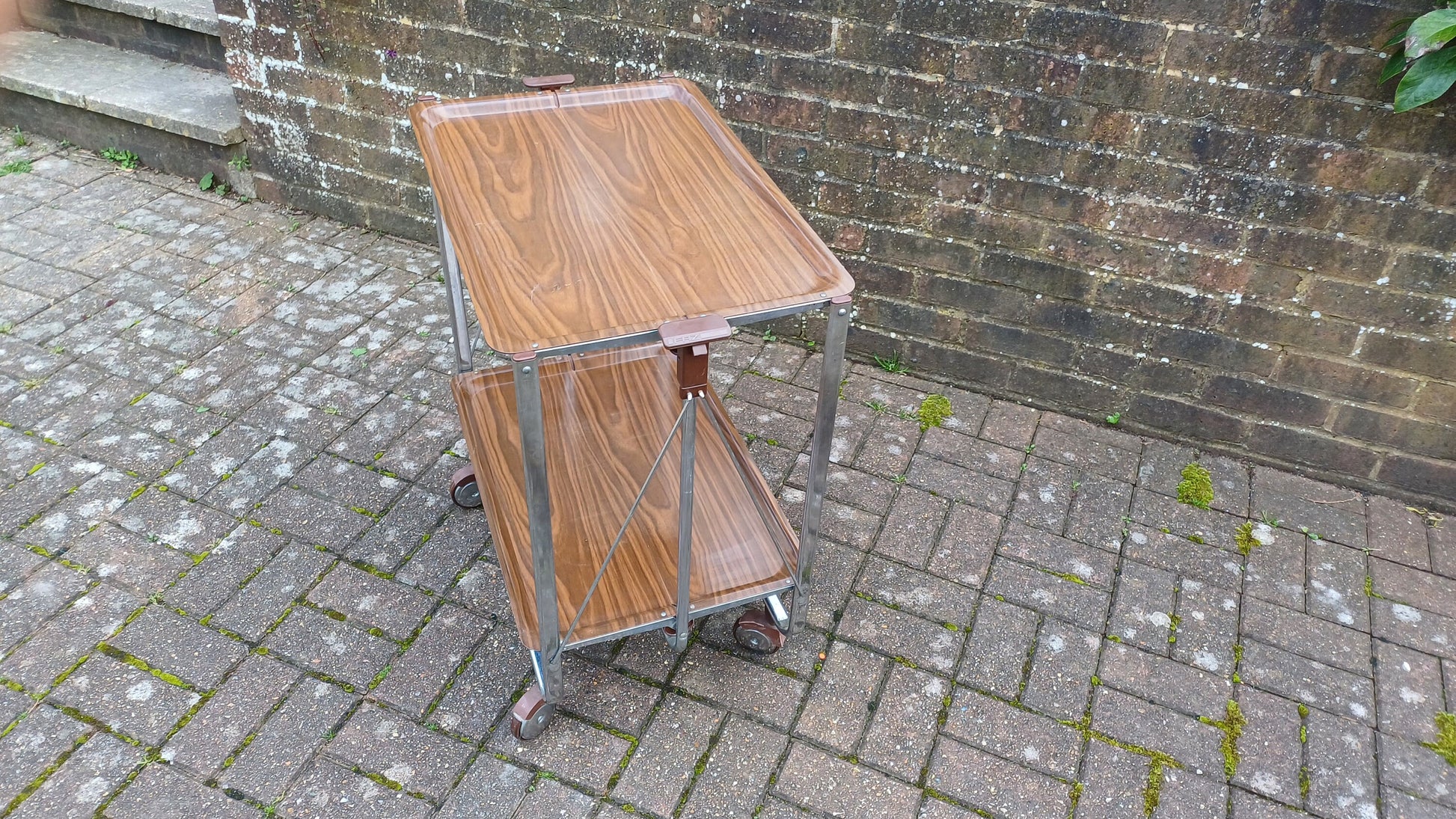 Unusual Folding 80’s Retro Trolley Melamine Surface Chrome with Castors.
