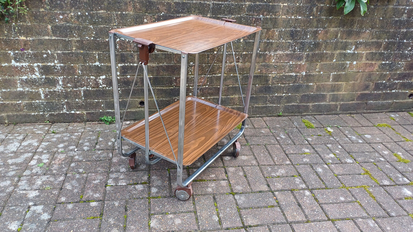 Unusual Folding 80’s Retro Trolley Melamine Surface Chrome with Castors.