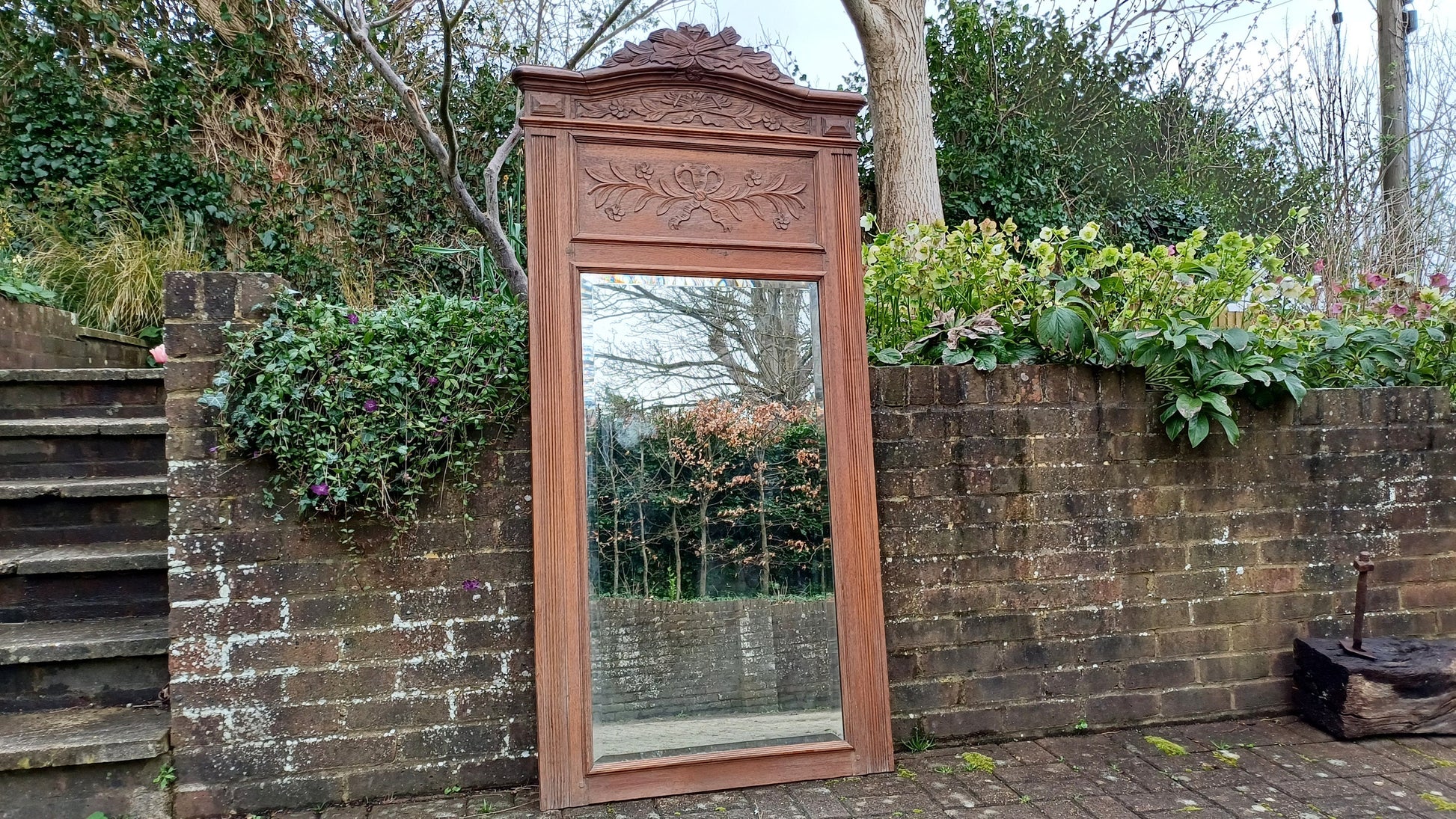 Huge Decorative Solid Oak French Wall Mirror Bevelled Glass 6 ft