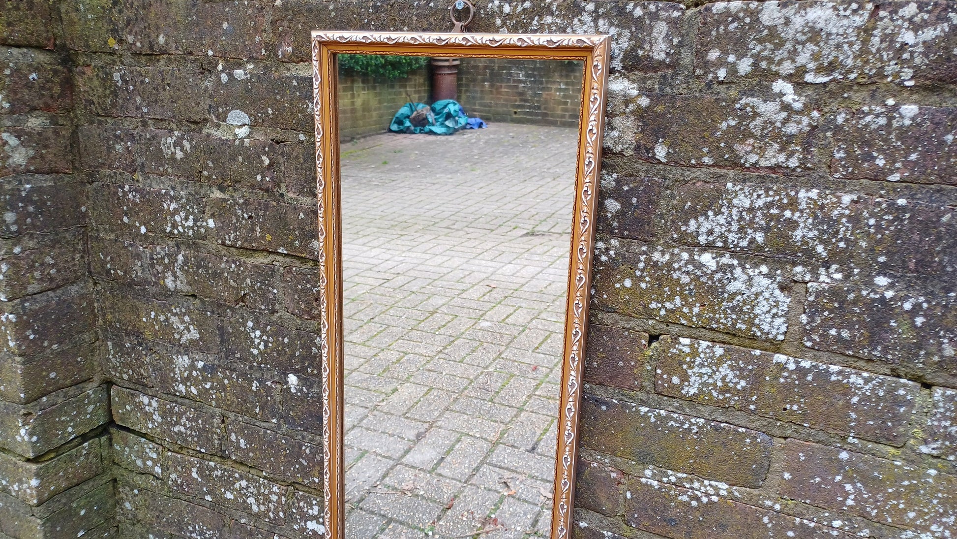 Lovely Bespoke Long Vintage 70s Gold Gilt Wall Mirror. Upcycled White and Gold Finish.