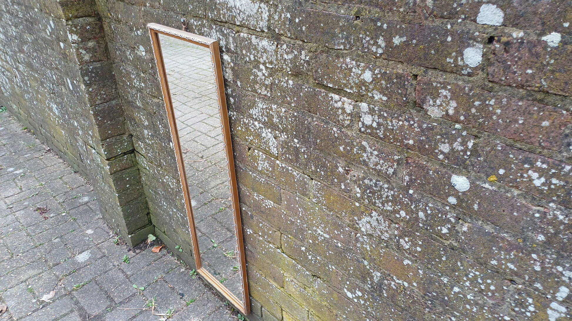Lovely Bespoke Long Vintage 70s Gold Gilt Wall Mirror. Upcycled White and Gold Finish.