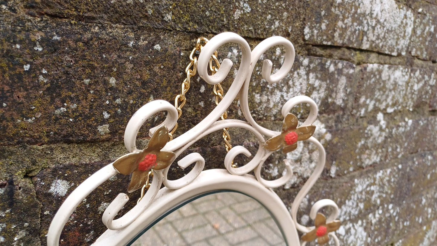 Large Vintage Retro 70s Oval White Metal Light Cream Enamel Oval Mirror with Floral Decoration.