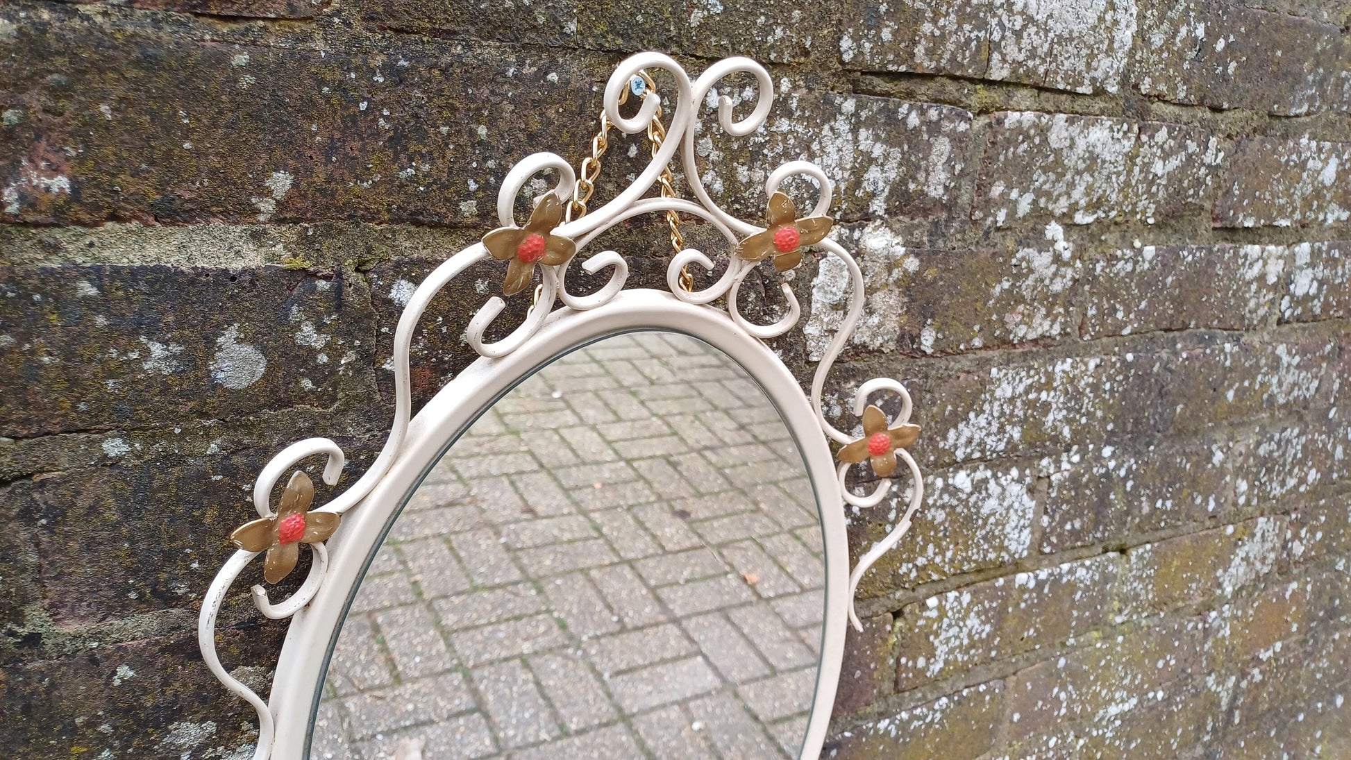 Large Vintage Retro 70s Oval White Metal Light Cream Enamel Oval Mirror with Floral Decoration.