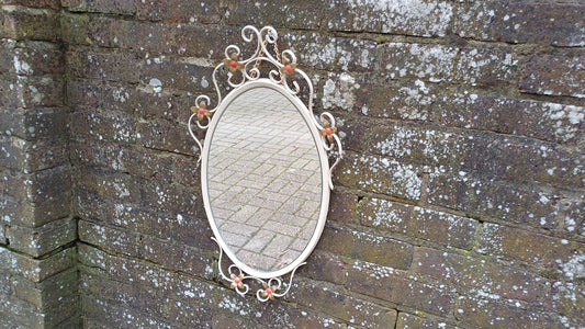 Large Vintage Retro 70s Oval White Metal Light Cream Enamel Oval Mirror with Floral Decoration.