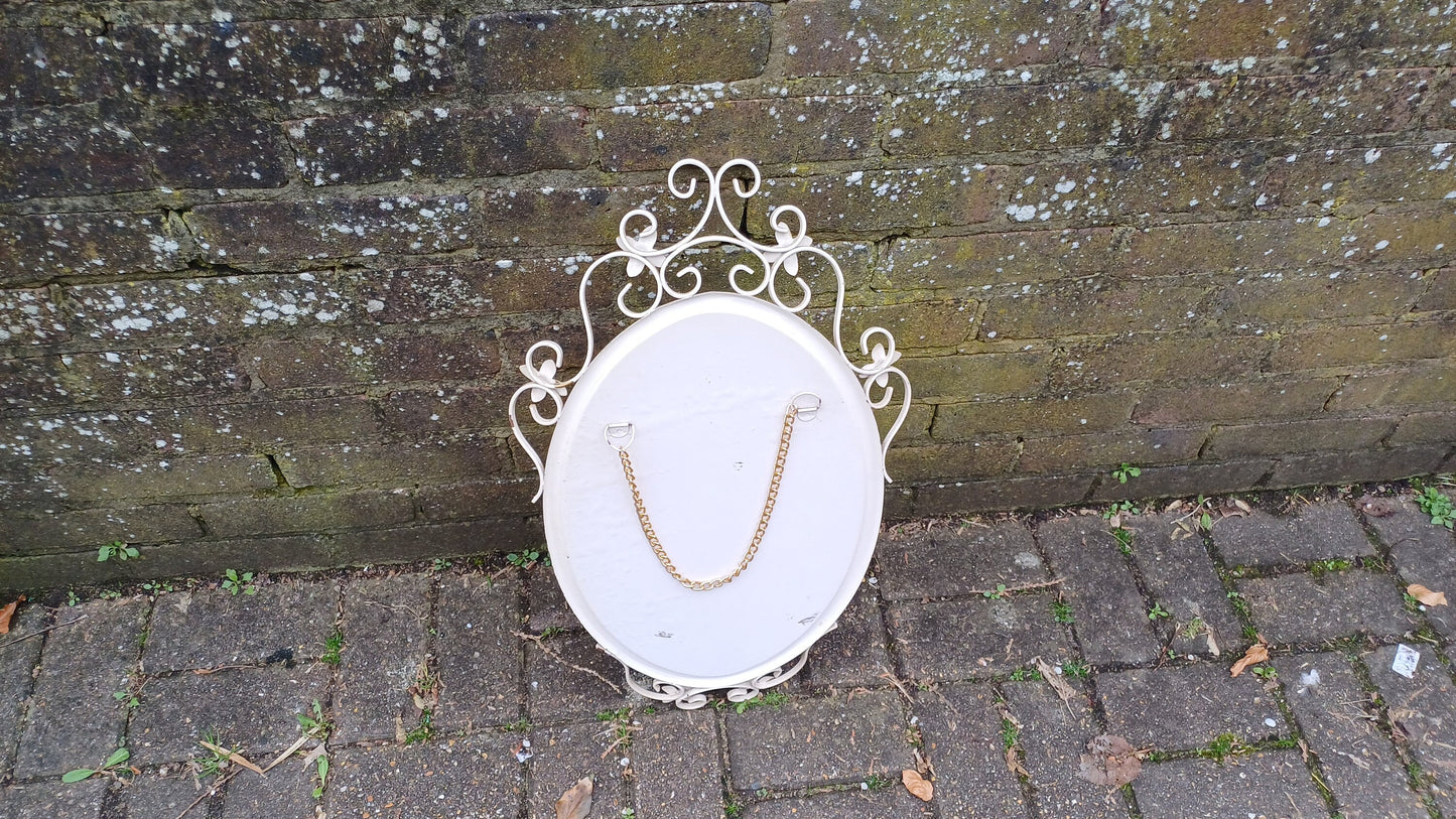 Large Vintage Retro 70s Oval White Metal Light Cream Enamel Oval Mirror with Floral Decoration.