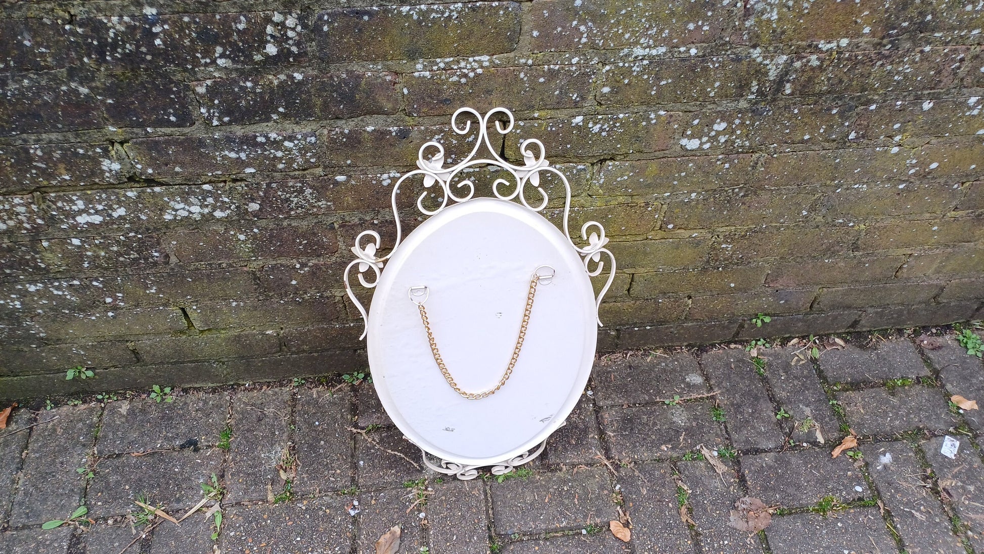 Large Vintage Retro 70s Oval White Metal Light Cream Enamel Oval Mirror with Floral Decoration.