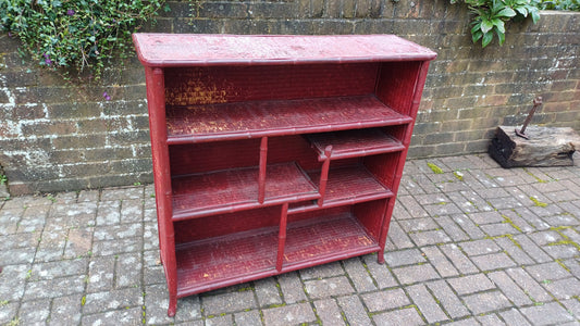 Large Vintage Wood Bamboo and Rattan Victorian Painted Bookcase Shelves Storage Full of Vintage Charm