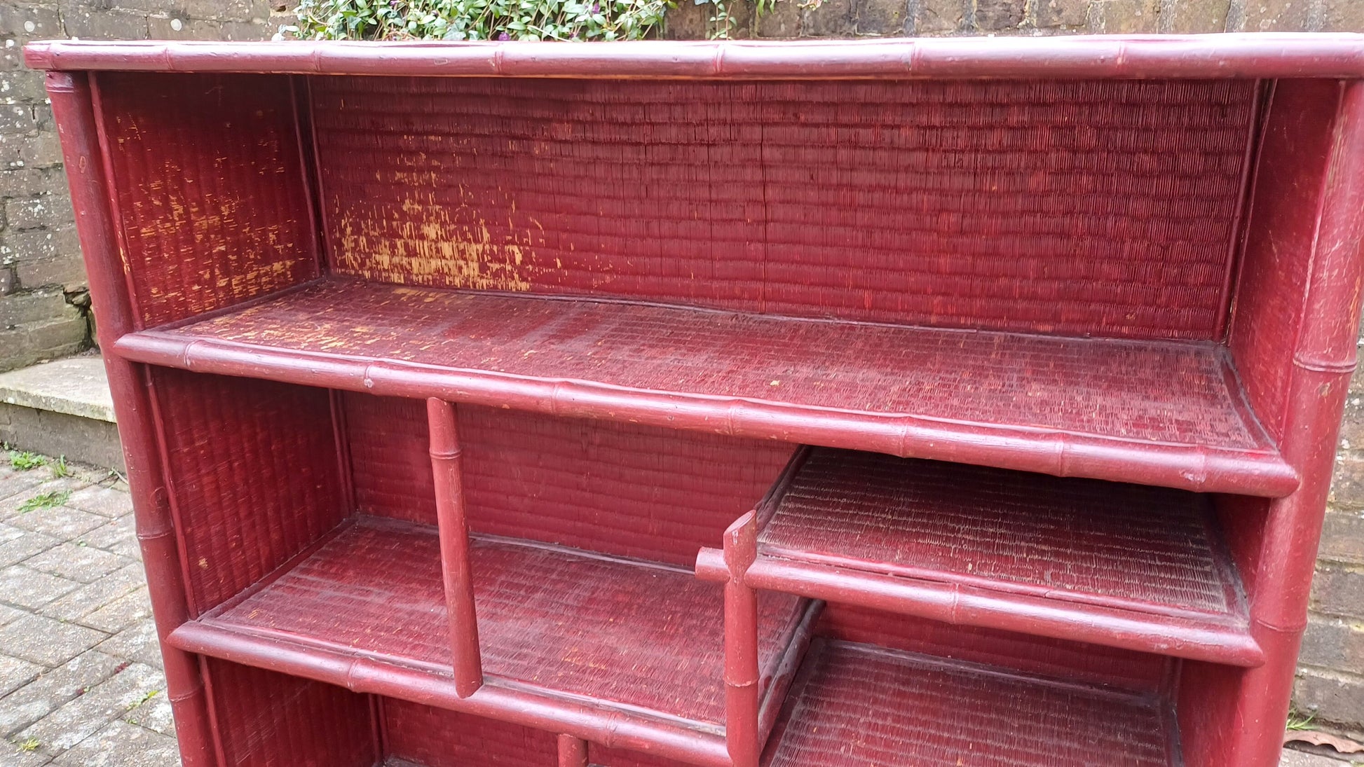 Large Vintage Wood Bamboo and Rattan Victorian Painted Bookcase Shelves Storage Full of Vintage Charm