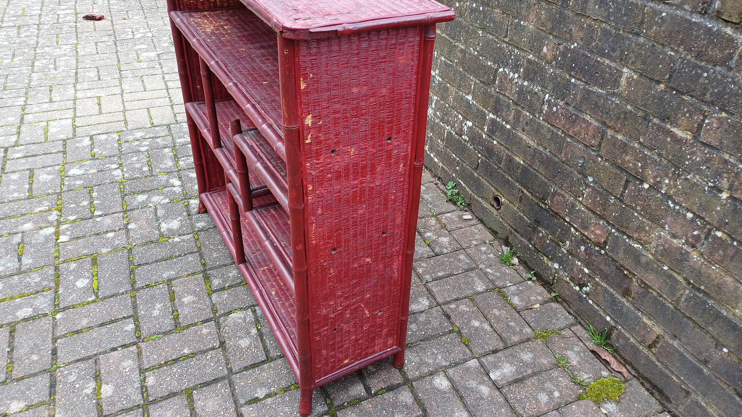Large Vintage Wood Bamboo and Rattan Victorian Painted Bookcase Shelves Storage Full of Vintage Charm