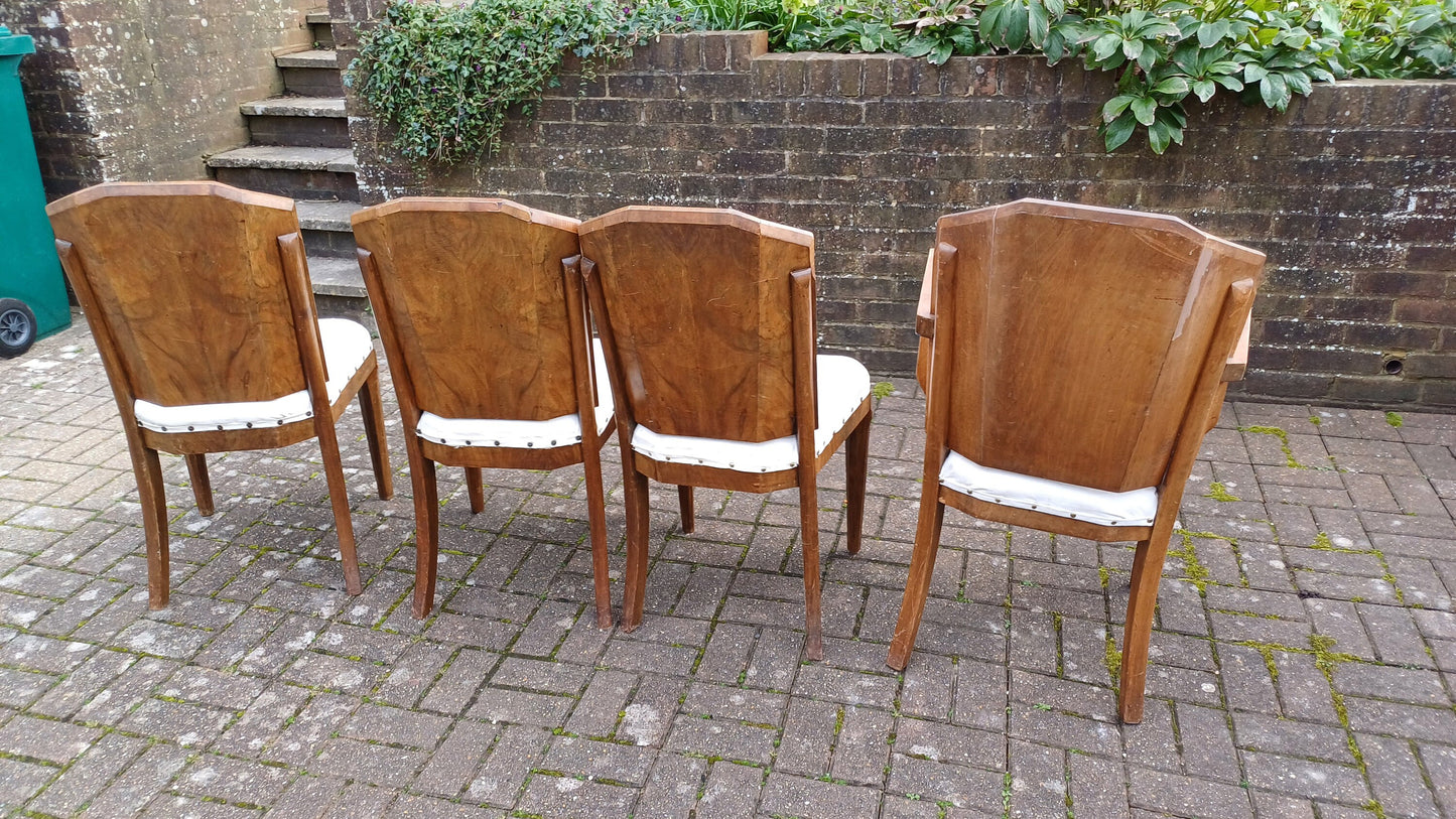 Superb Set of 4 Upholstered Walnut Art Deco Dining Kitchen Chairs