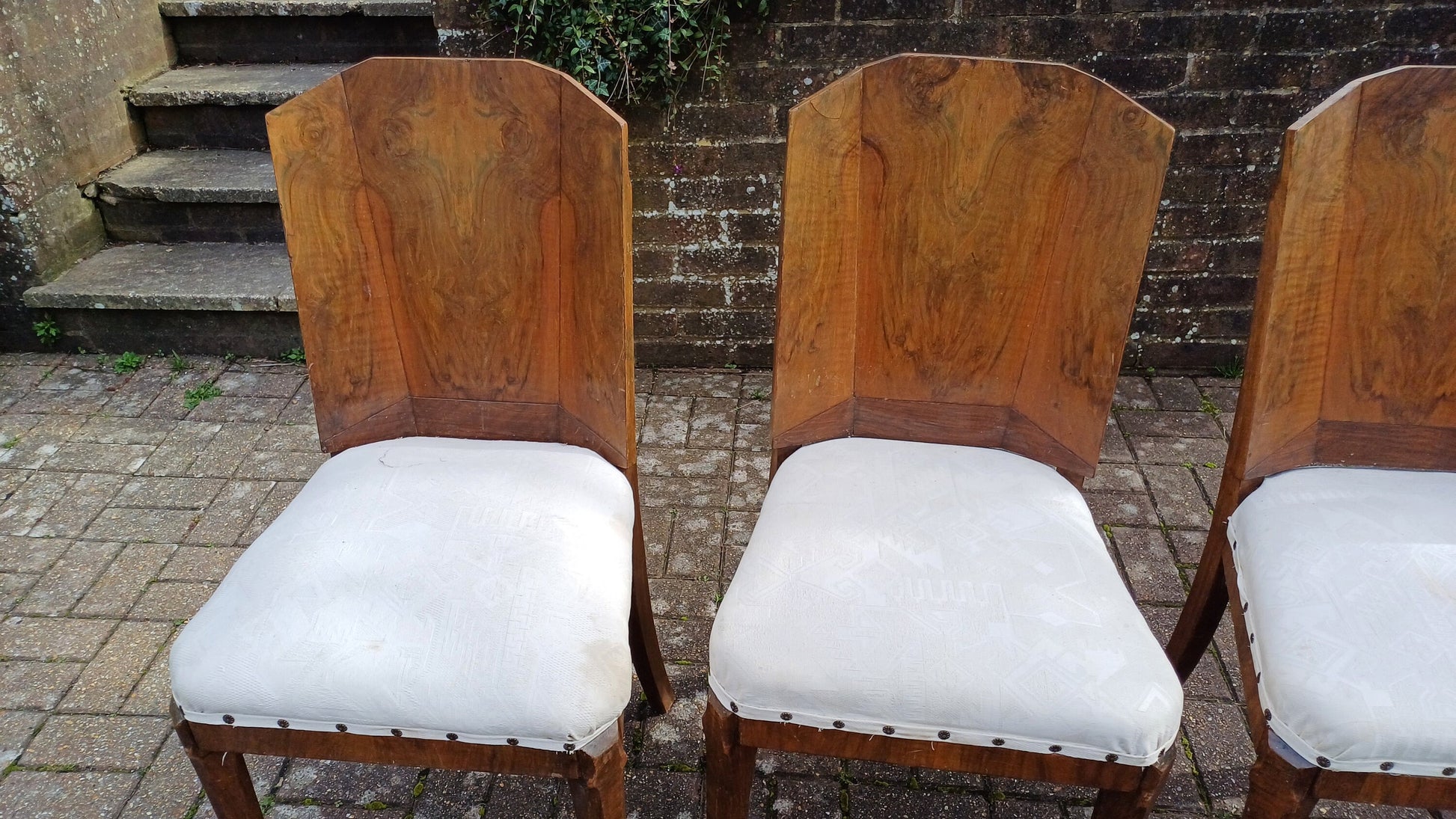 Superb Set of 4 Upholstered Walnut Art Deco Dining Kitchen Chairs