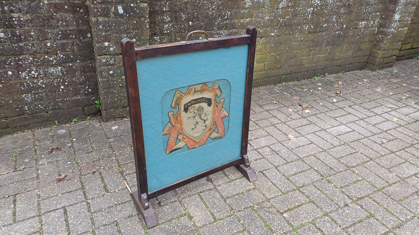 Rare and Antiquated Vintage University Oak Fire Screen Tapestry Oxbridge Cambridge Emmanuel