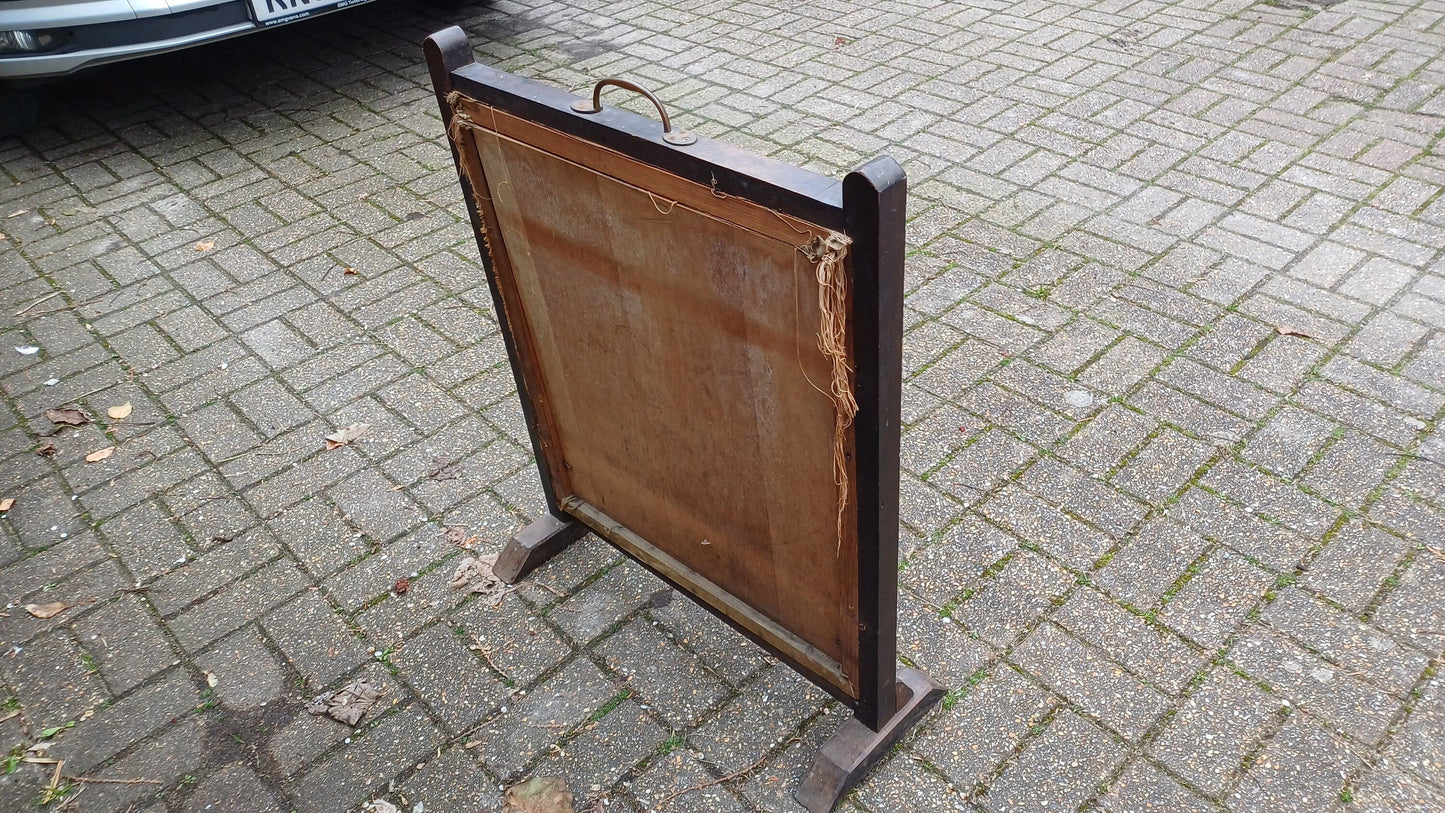 Rare and Antiquated Vintage University Oak Fire Screen Tapestry Oxbridge Cambridge Emmanuel