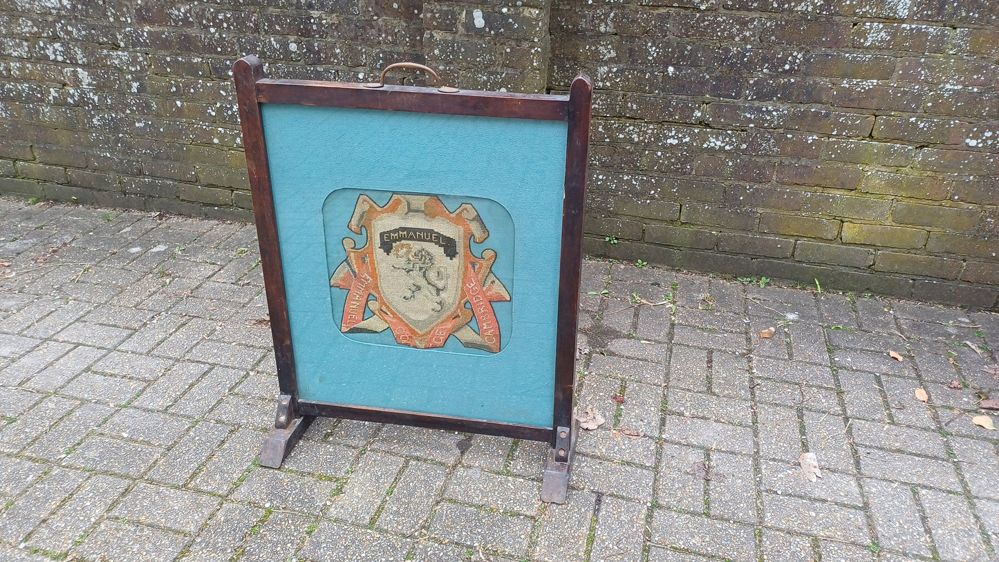 Rare and Antiquated Vintage University Oak Fire Screen Tapestry Oxbridge Cambridge Emmanuel