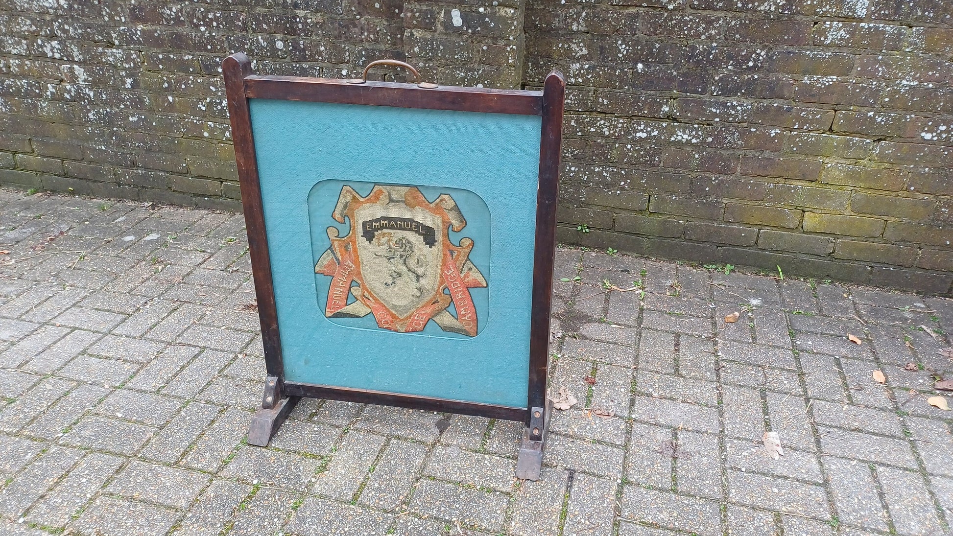 Rare and Antiquated Vintage University Oak Fire Screen Tapestry Oxbridge Cambridge Emmanuel