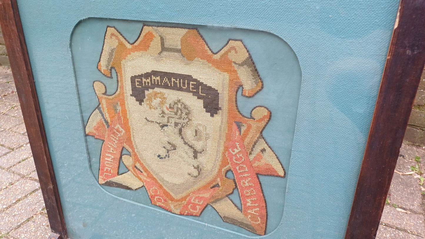 Rare and Antiquated Vintage University Oak Fire Screen Tapestry Oxbridge Cambridge Emmanuel