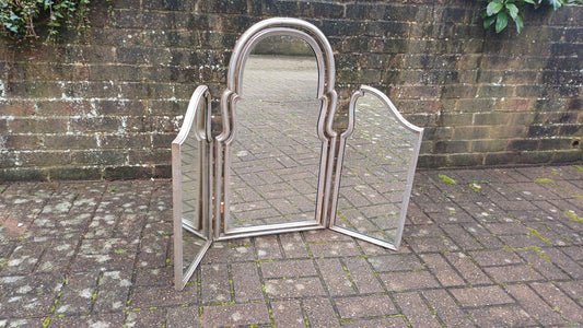 Huge Shaped Vintage Silver Triple Dressing Table Mirror Adjustable Swing Art Deco Nouveau