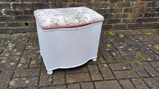 Vintage White Lloyd Loom Style Linen Basket Upholstered Stool Bun Feet. Floral Fabric.