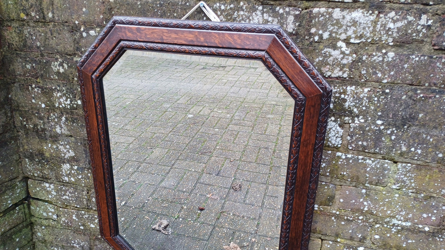 Superb and Large Vintage 1920’s Oak Mirror with Bevelled Glass
