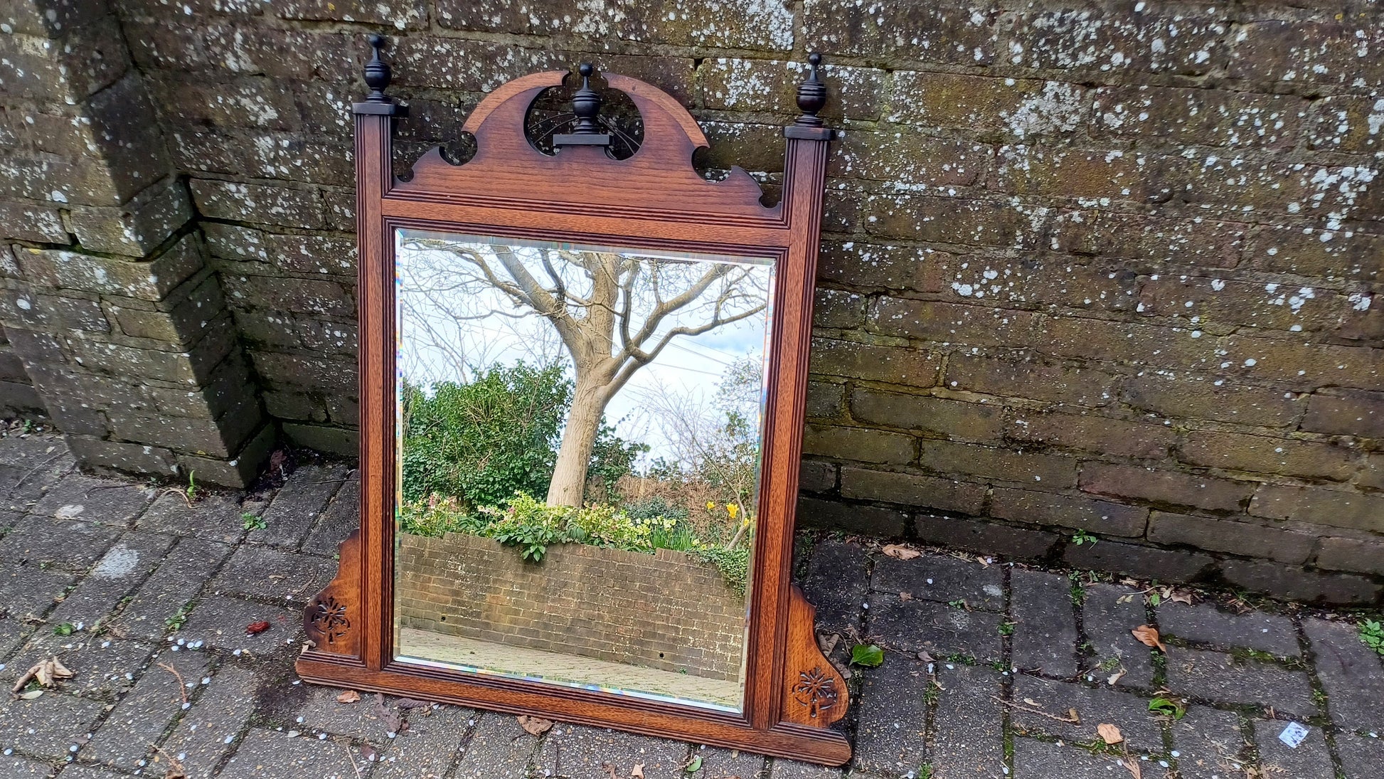 Superb Vintage Solid Oak Victorian Over Mantel or Wall Mirror. Bevelled Glass.