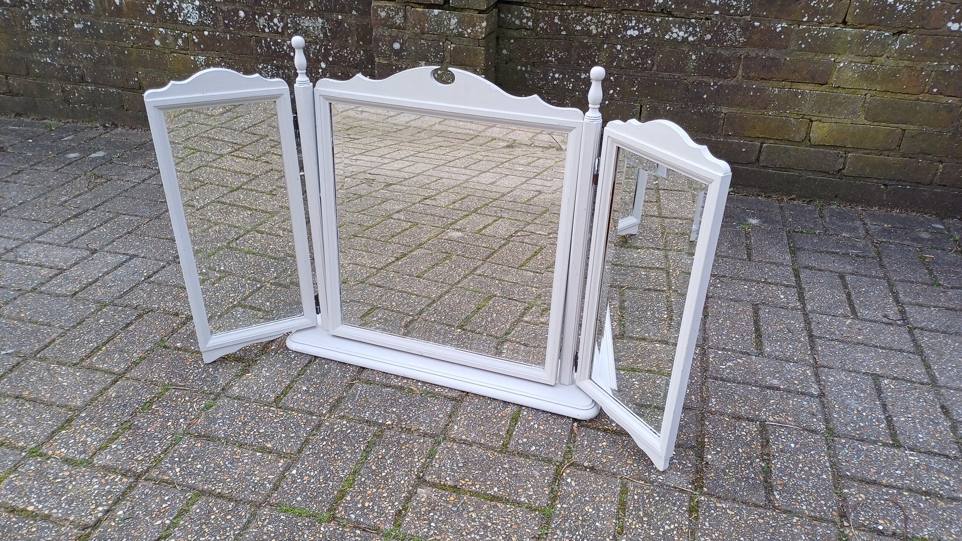 Vintage 80s Hand Painted Grey Triple Dressing Table Mirror Adjustable Swing.