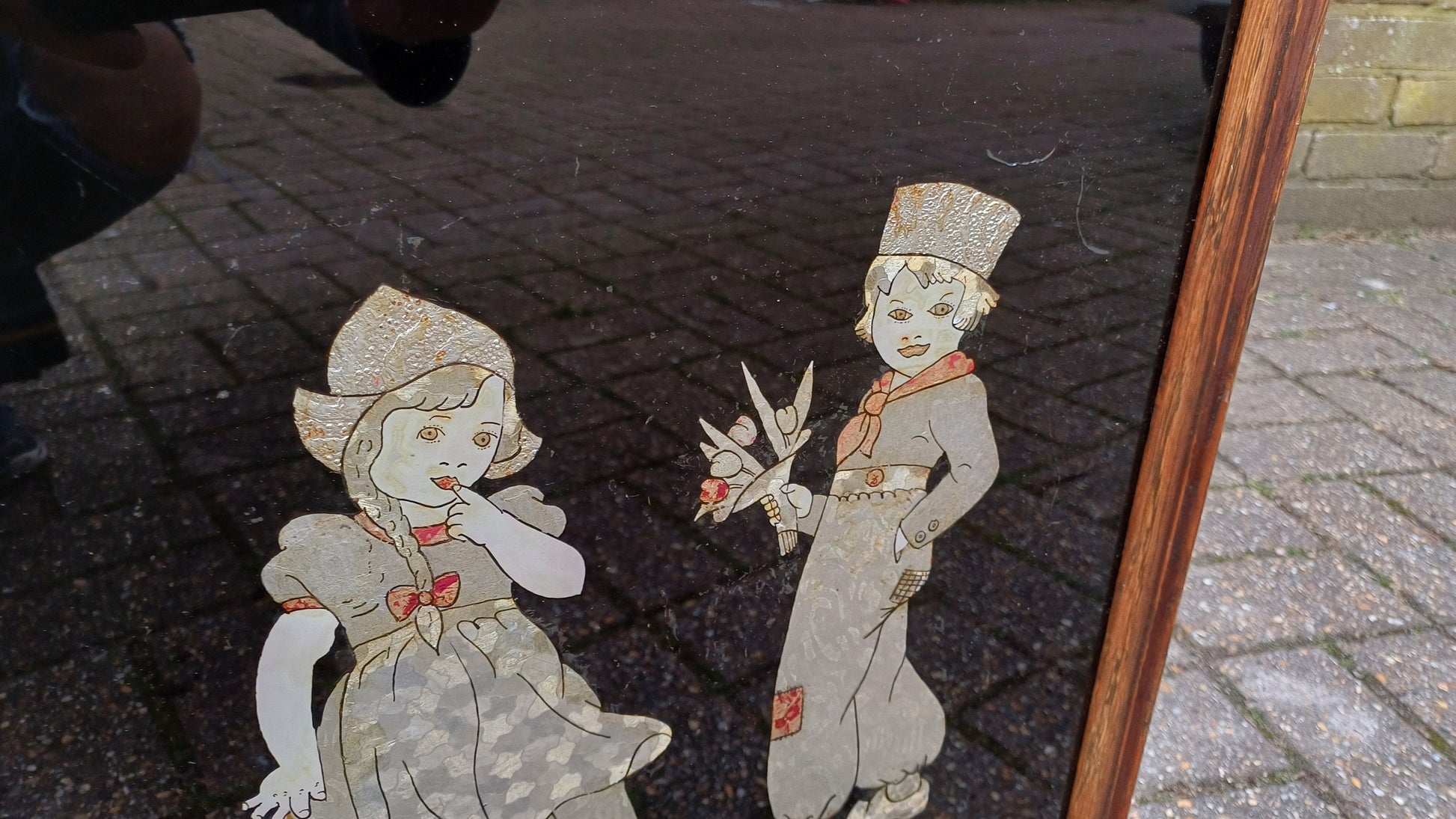 Dramatically Cute Vintage Oak Fire Screen Dutch Children in Clogs Collage Glazed Effect 1920’s