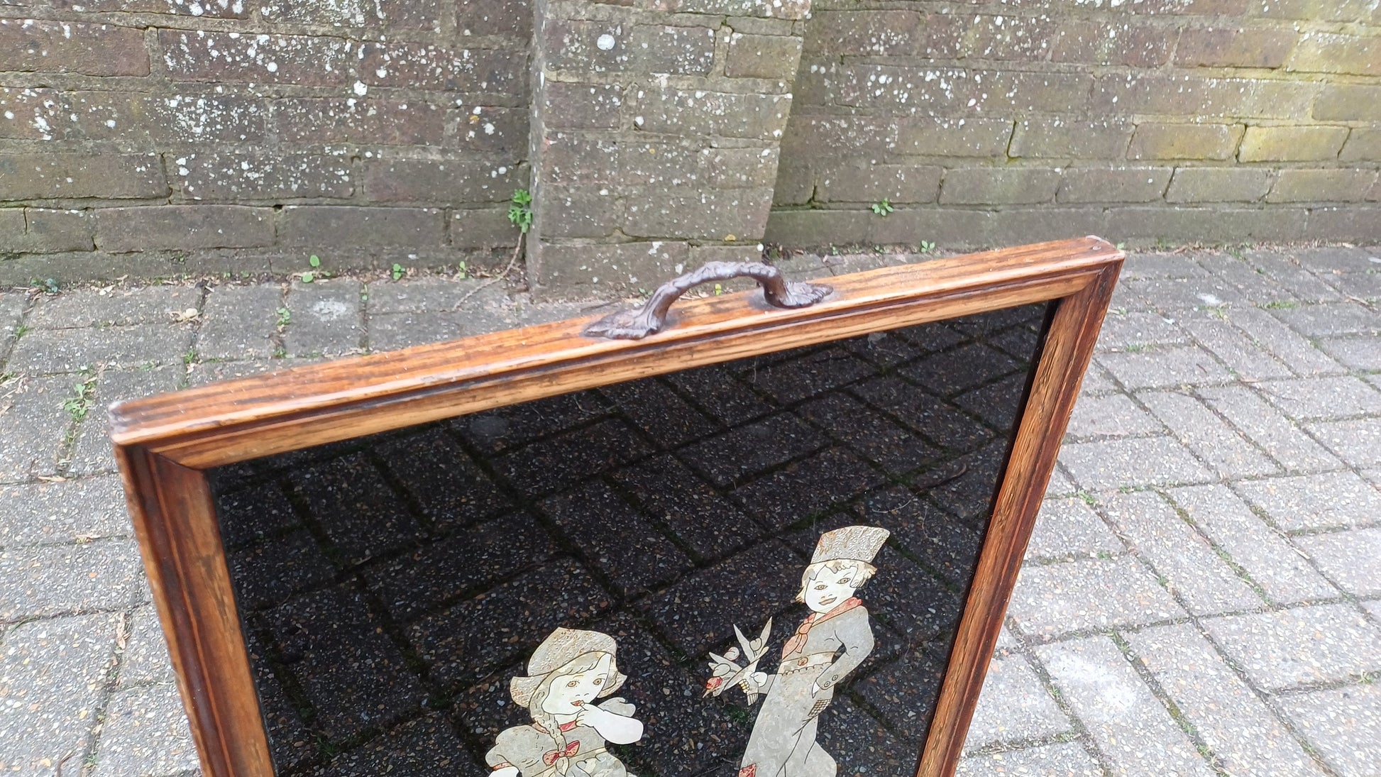 Dramatically Cute Vintage Oak Fire Screen Dutch Children in Clogs Collage Glazed Effect 1920’s