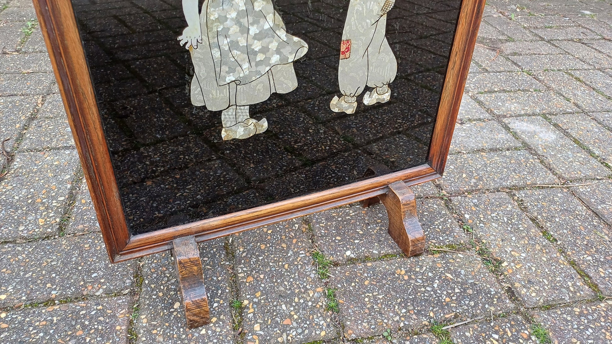 Dramatically Cute Vintage Oak Fire Screen Dutch Children in Clogs Collage Glazed Effect 1920’s
