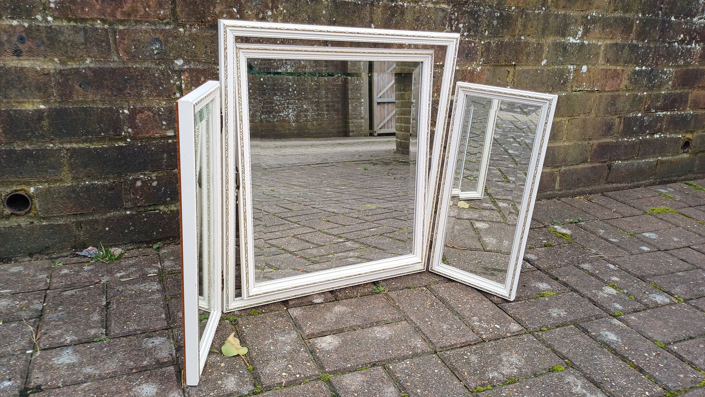Vintage 70s Painted White Triple Dressing Table Mirror Adjustable Swing
