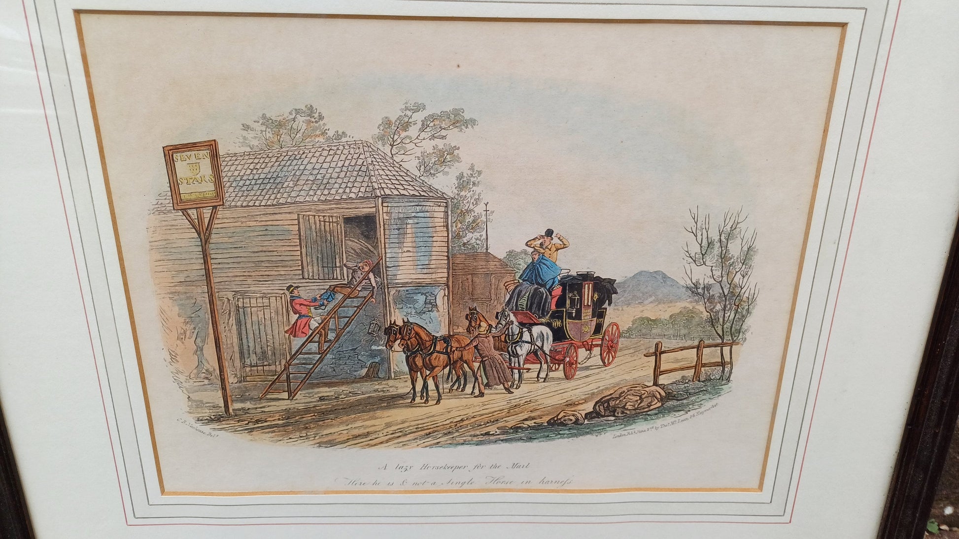 Lovely Pair of 60s 70s Vintage Cartoon Prints Stagecoach Horses Dickens Scenes CB Newhouse Wooden Frames Horse and Carriage.