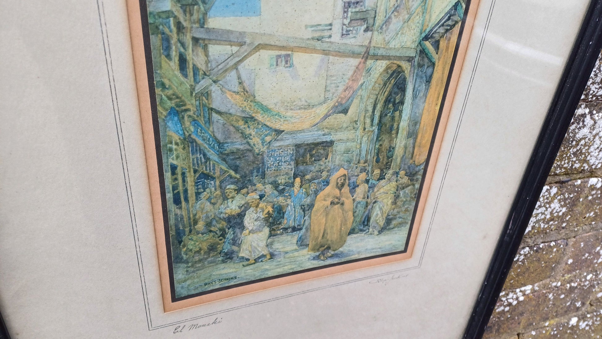 Large Middle East Street Scene El Mouski Rhys Jenkins Print of a Watercolour Signed Marketplace in the Africa Egypt