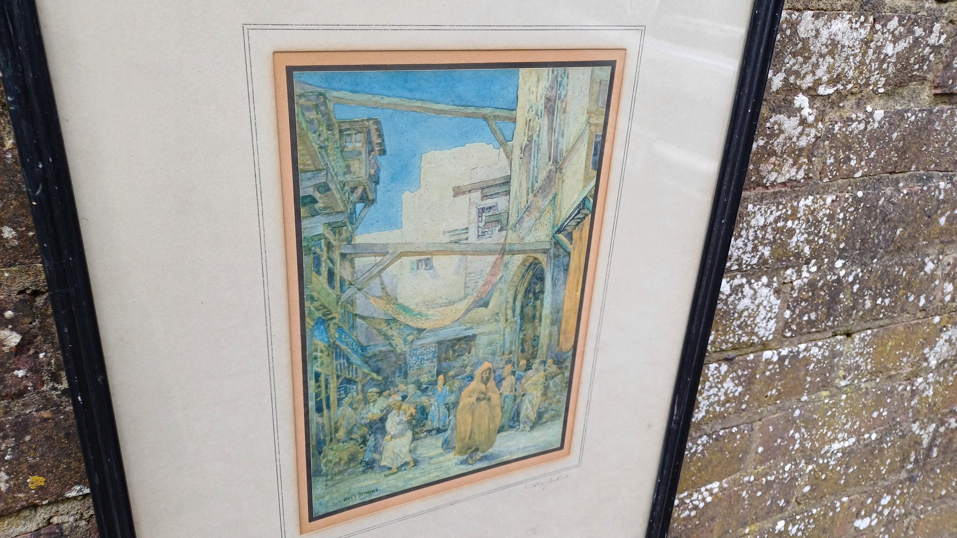 Large Middle East Street Scene El Mouski Rhys Jenkins Print of a Watercolour Signed Marketplace in the Africa Egypt