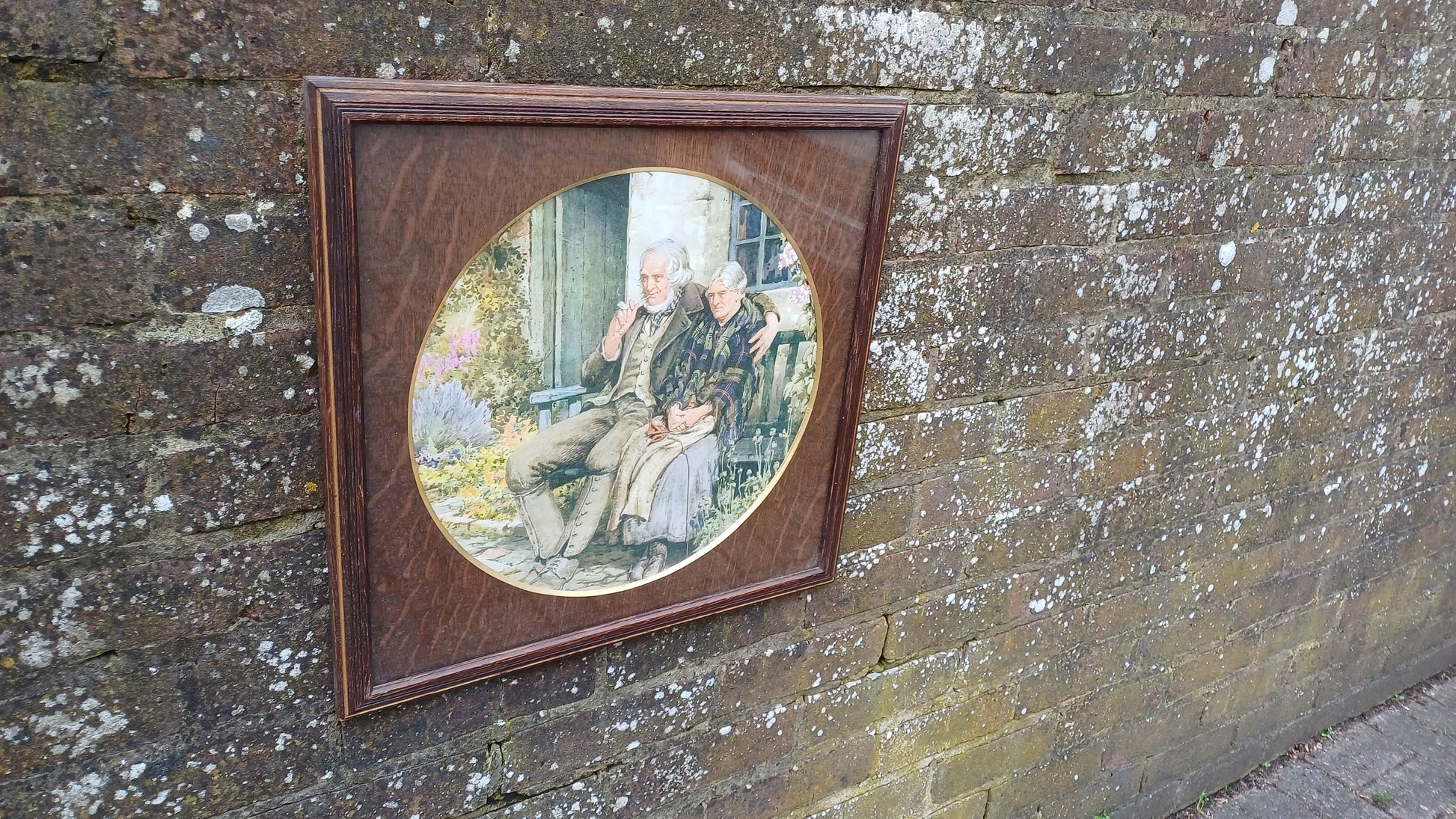 Large Stunning Circular Wood Mount Oak Picture Frame Gilt Edge Square Old Couple Vintage Colour Print British Artwork