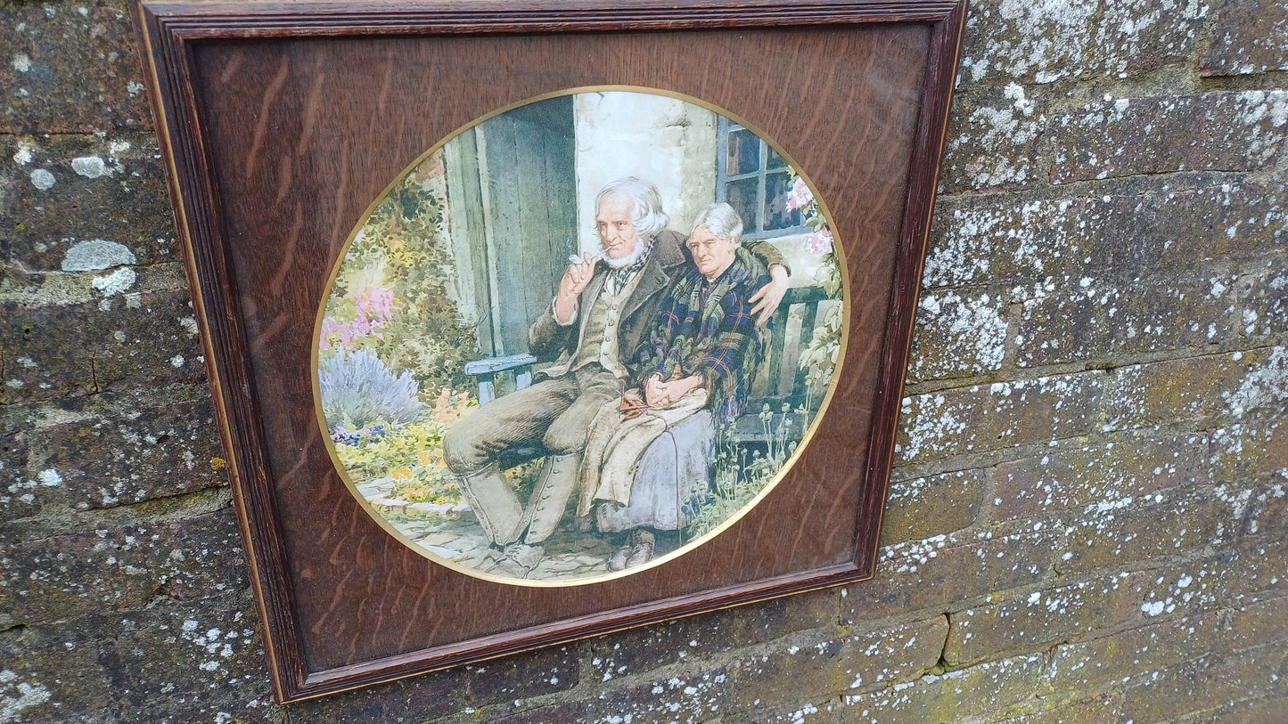 Large Stunning Circular Wood Mount Oak Picture Frame Gilt Edge Square Old Couple Vintage Colour Print British Artwork