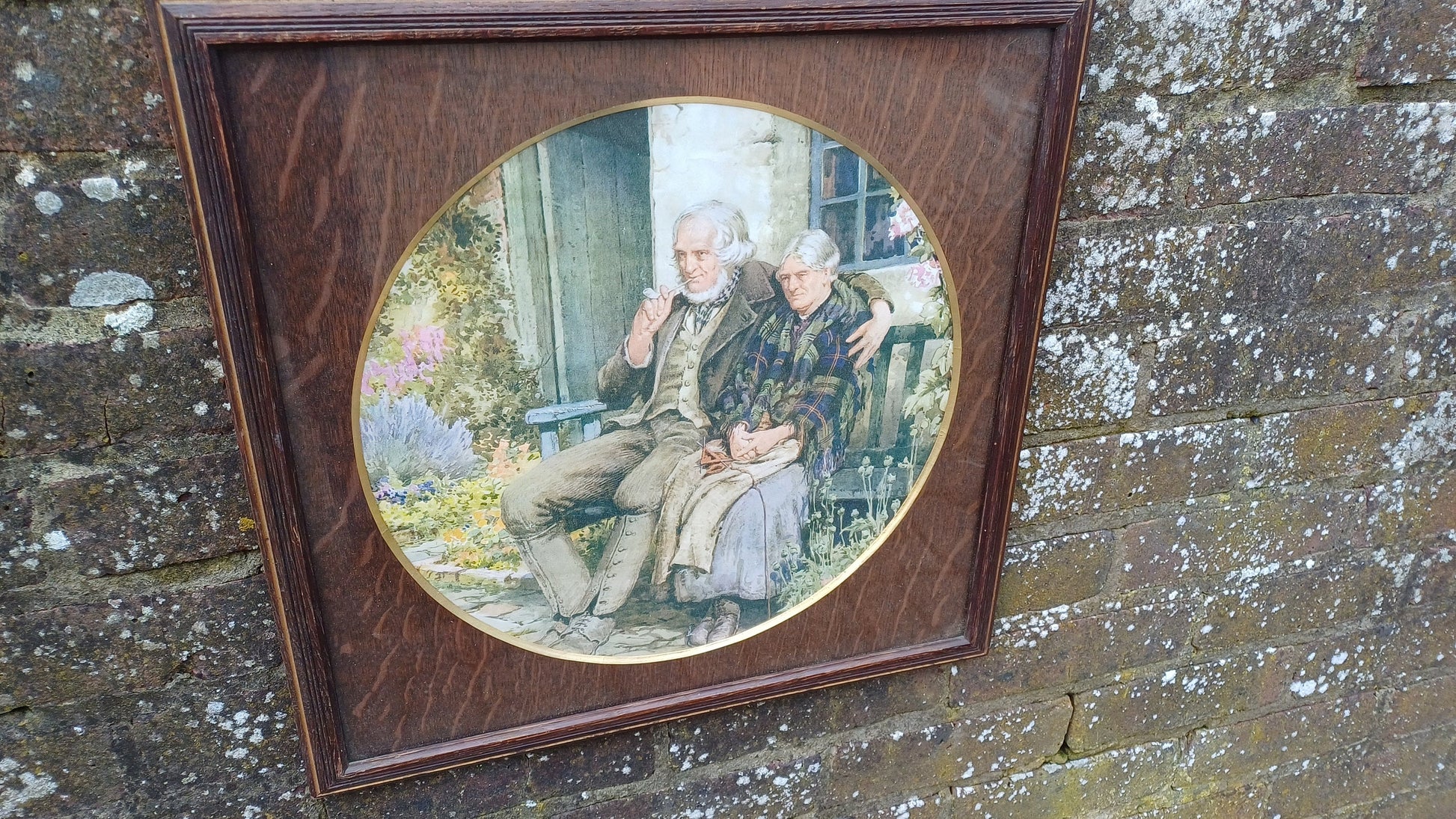 Large Stunning Circular Wood Mount Oak Picture Frame Gilt Edge Square Old Couple Vintage Colour Print British Artwork