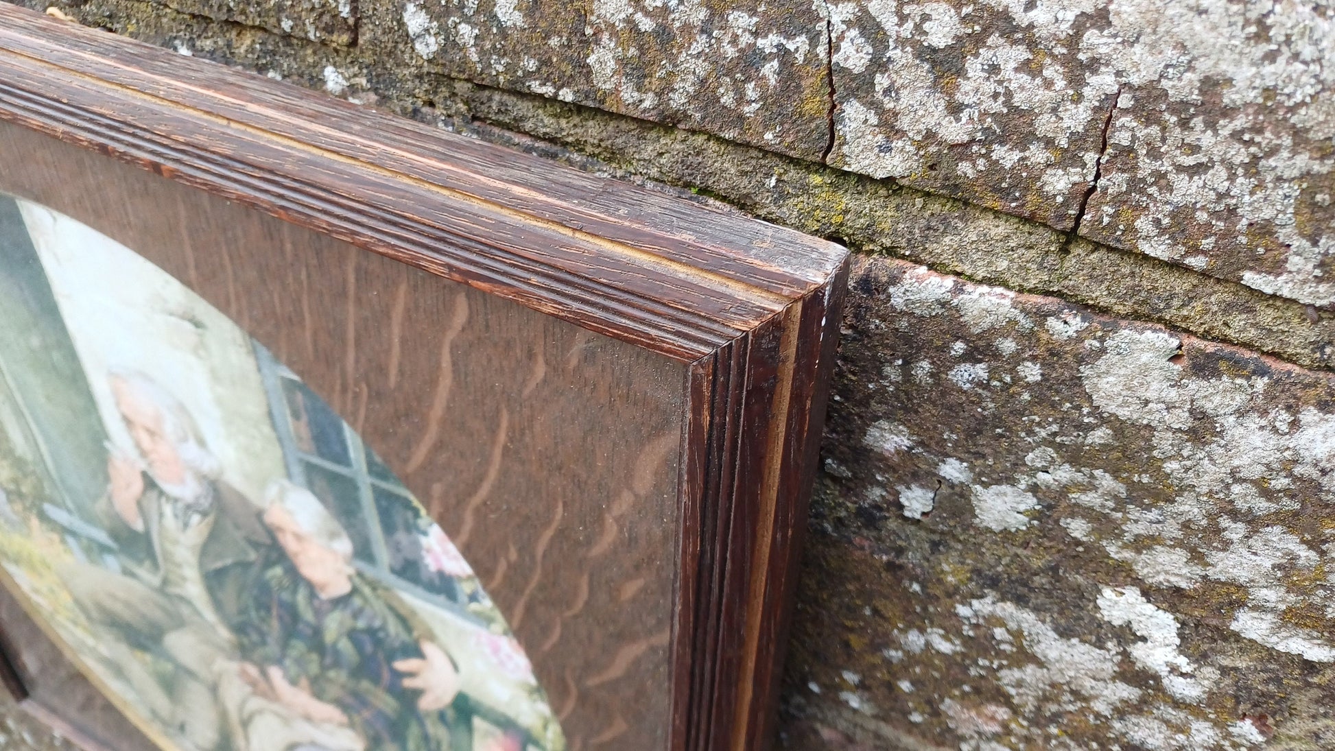 Large Stunning Circular Wood Mount Oak Picture Frame Gilt Edge Square Old Couple Vintage Colour Print British Artwork