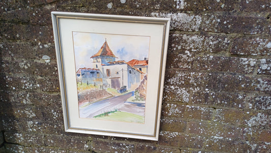 Superb Large Vintage Original Watercolour Church Landscape France