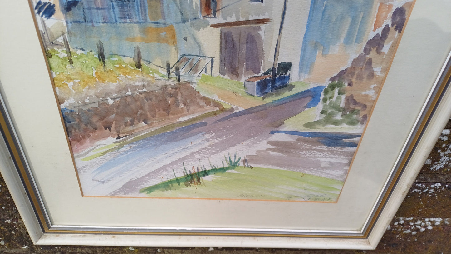 Superb Large Vintage Original Watercolour Church Landscape France