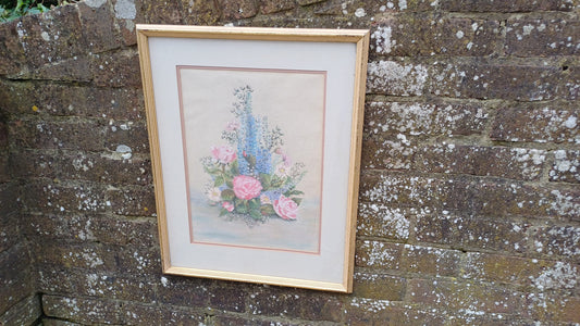 Beautiful Large Vintage 90s Original Still Life Pastel ‘Rose and Delphiniums’