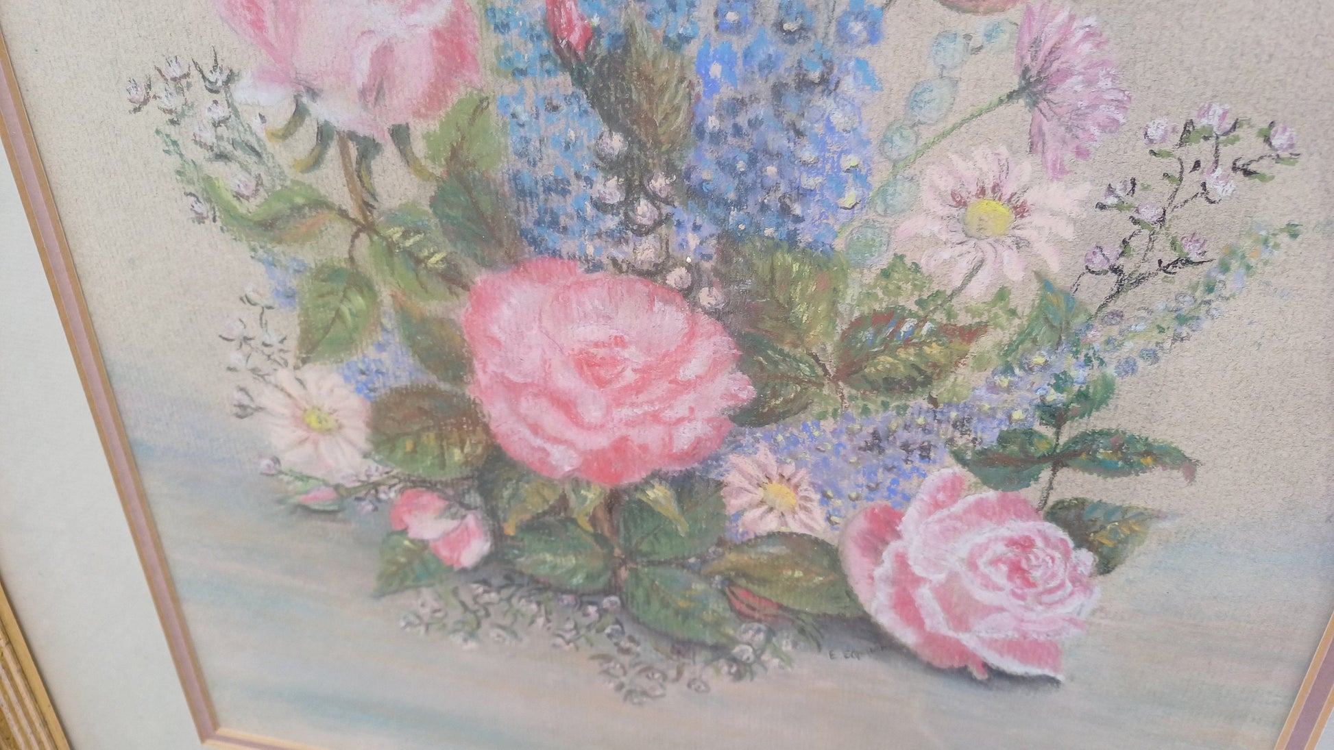 Beautiful Large Vintage 90s Original Still Life Pastel ‘Rose and Delphiniums’