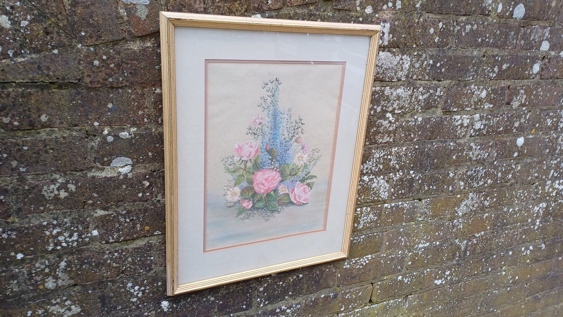 Beautiful Large Vintage 90s Original Still Life Pastel ‘Rose and Delphiniums’