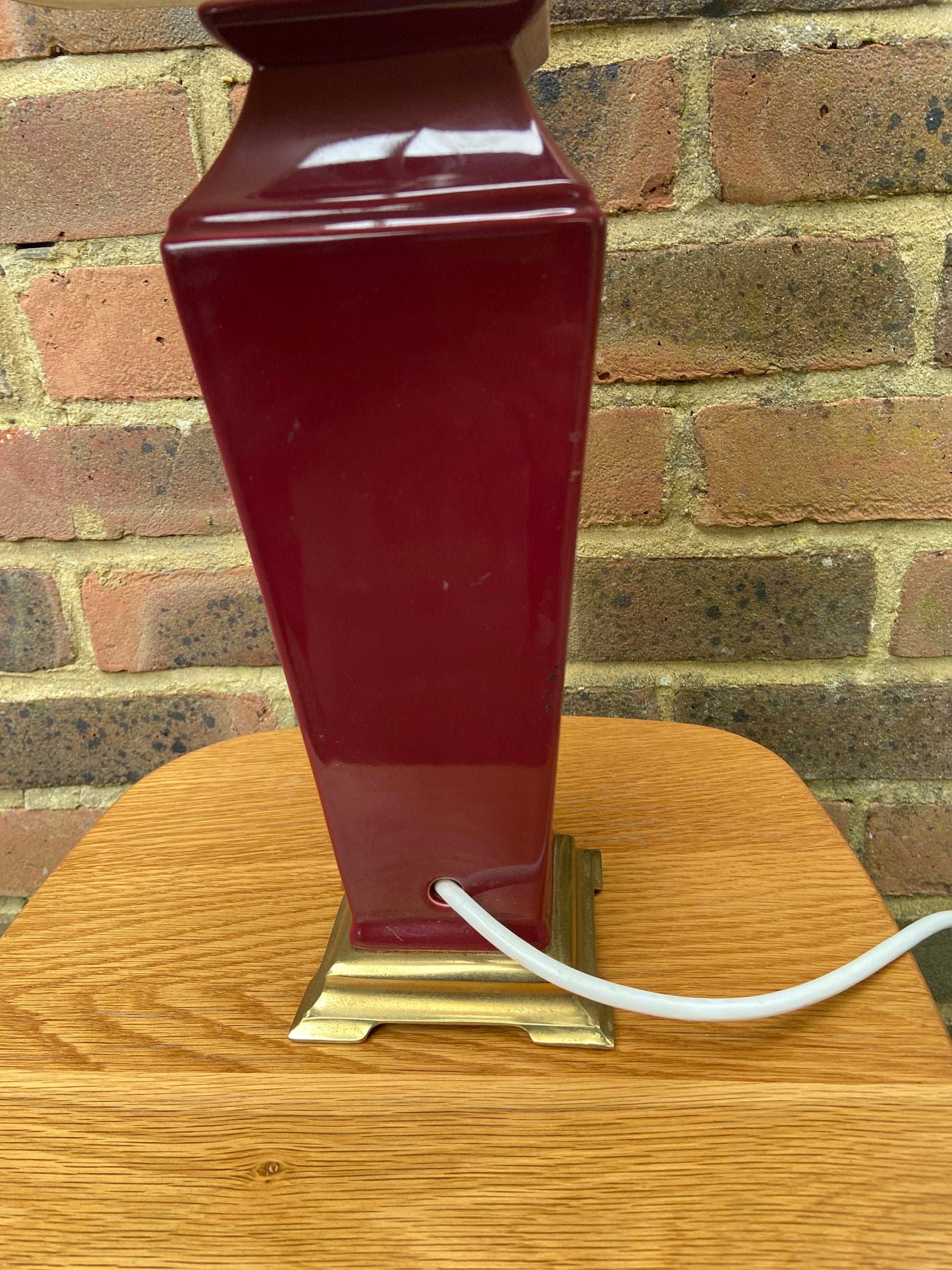 1980s maroon burgundy ceramic lamp with funky floral shade - Goodson Lighting - working