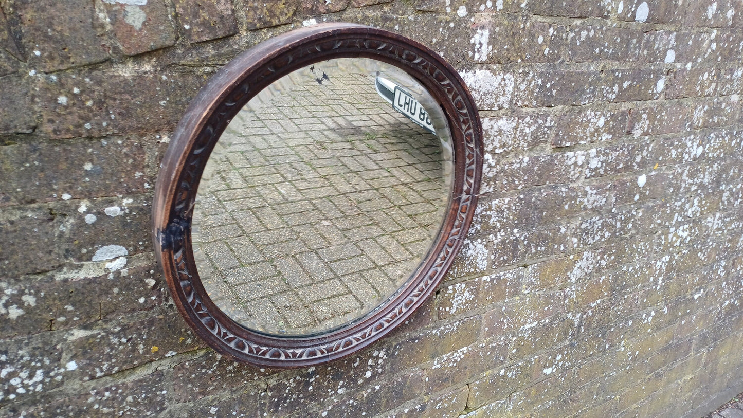 Very Vintage Round Carved Oak Wall Mirror. Age Worn.